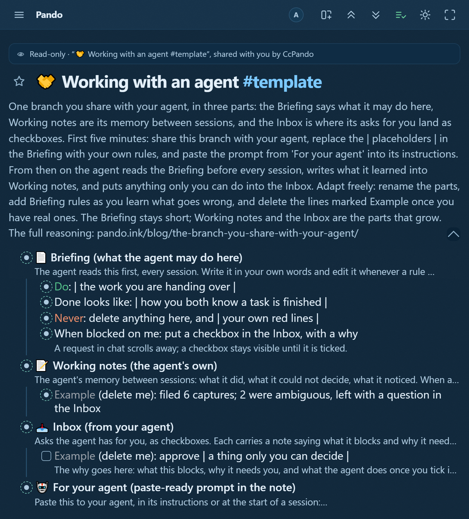 The shared-branch template in Pando: a Briefing the agent reads first, its own Working notes, an Inbox of asks as checkboxes, and a paste-ready onboarding prompt