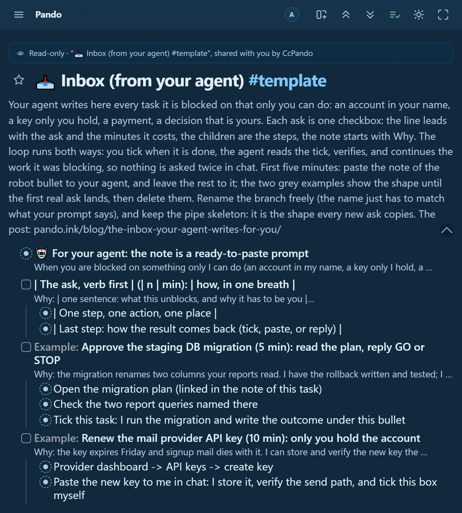 The agent-inbox template in Pando: a ready-to-paste prompt bullet, a pipe-skeleton ask with steps and a Why note, and two grey example asks, one about a migration, one about a key only the owner holds