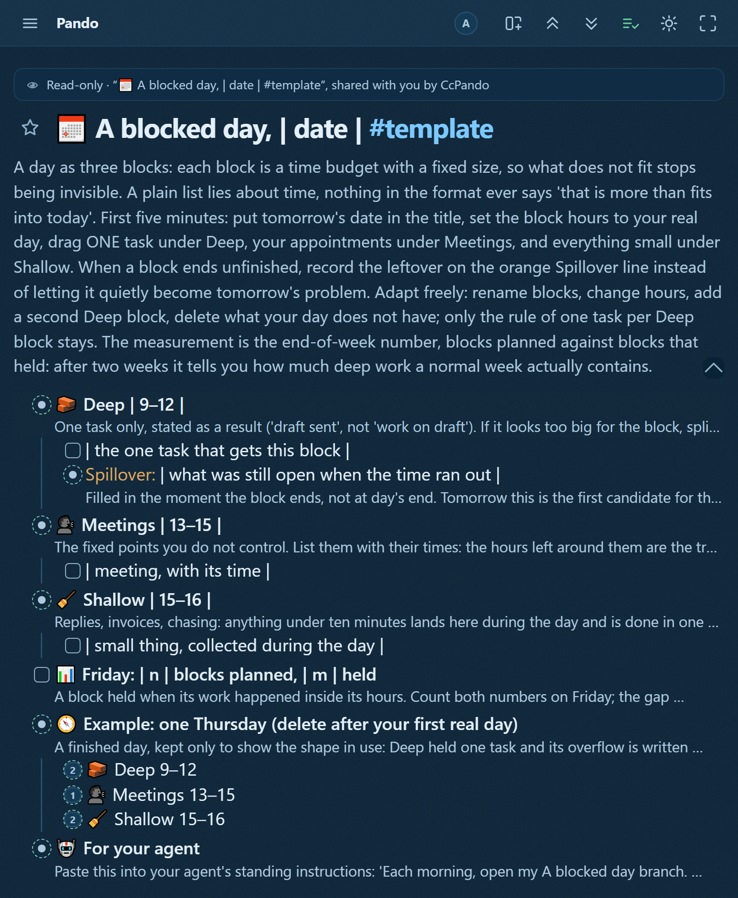 The blocked-day template in Pando: a Deep block holding one task, Meetings, a Shallow block, a spillover line in orange, the Friday count of blocks planned against blocks held, and a finished example day