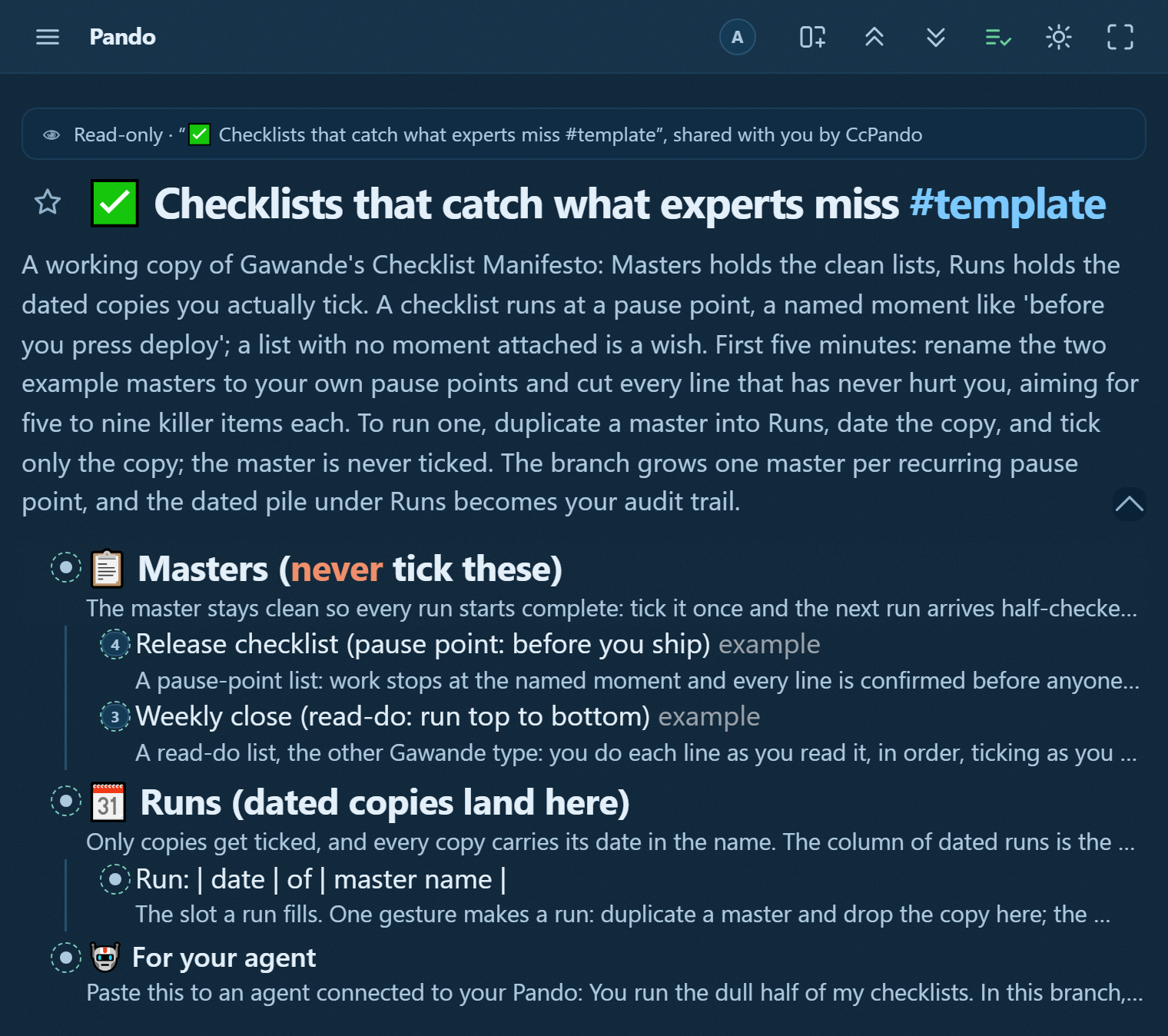 The checklist template in Pando: Masters that are never ticked, two example lists with pause points, and a Runs branch where dated copies get ticked