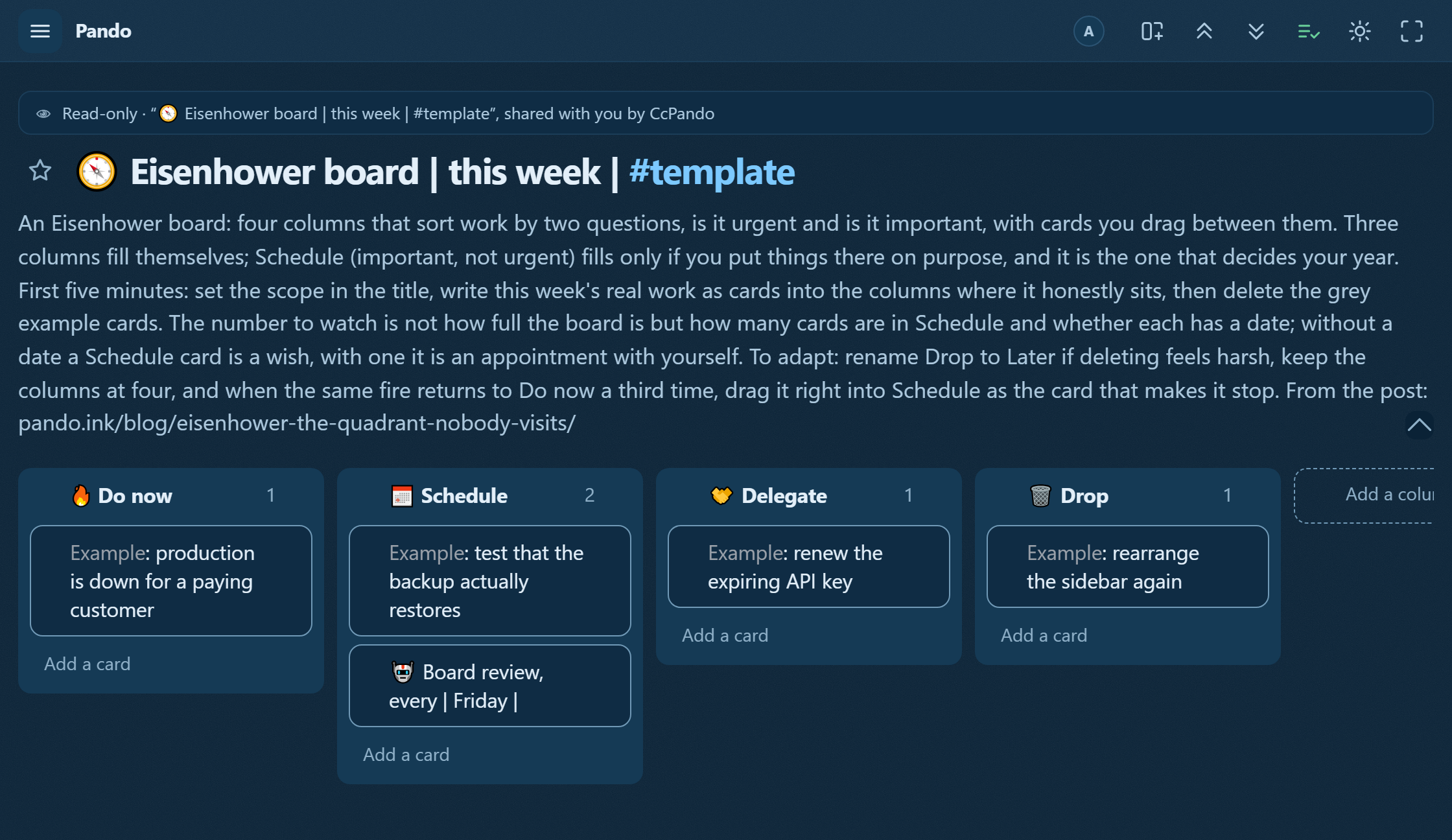 The Eisenhower template in Pando: a board with four columns, Do now, Schedule, Delegate and Drop, each holding a grey example card, and the board review as a dated card in Schedule