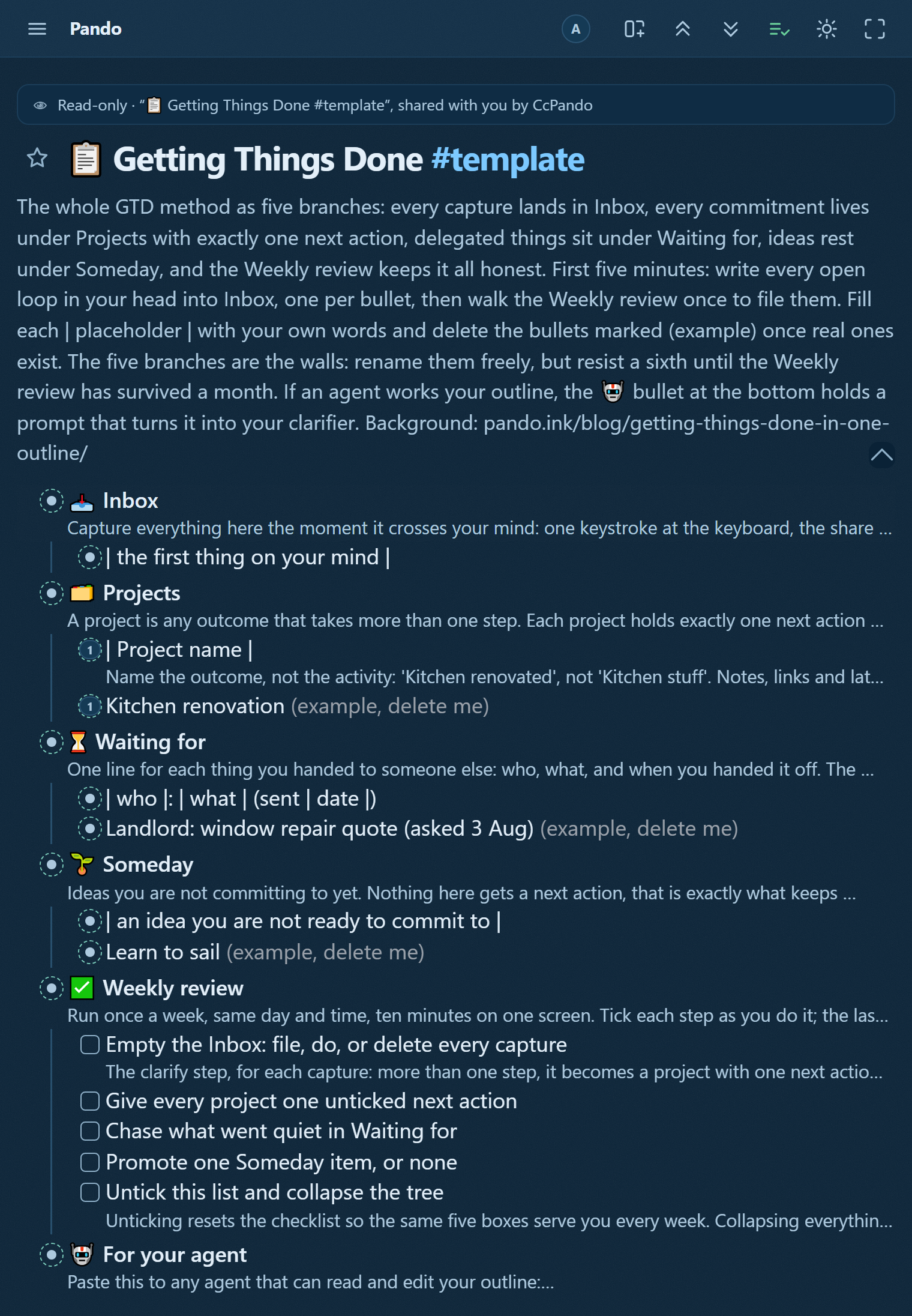 The GTD template in Pando: Inbox, Projects with one next action per project, Waiting for, Someday, a runnable Weekly review checklist, and a ready-to-paste prompt for your agent