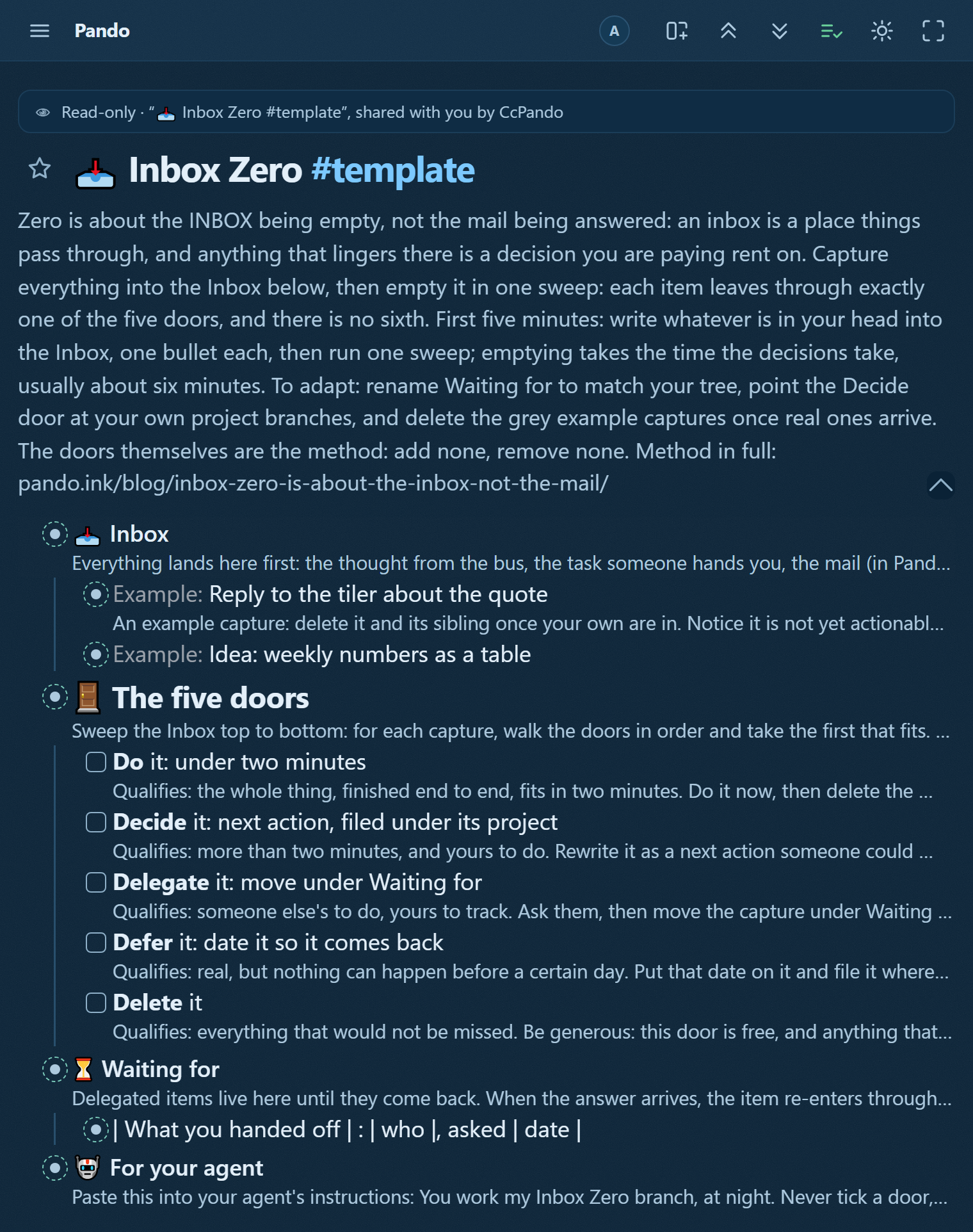 The Inbox Zero template in Pando: a capture zone with two grey example captures above the five doors, Do, Decide, Delegate, Defer and Delete, each door a checkbox whose note says what qualifies
