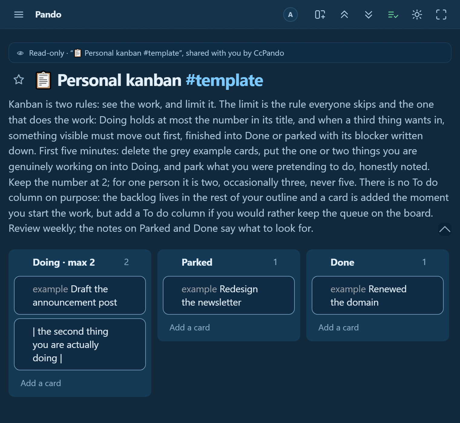 The personal-kanban template in Pando: a board with Doing capped at two, Parked with the blocker in the note, and Done, each column holding a grey example card