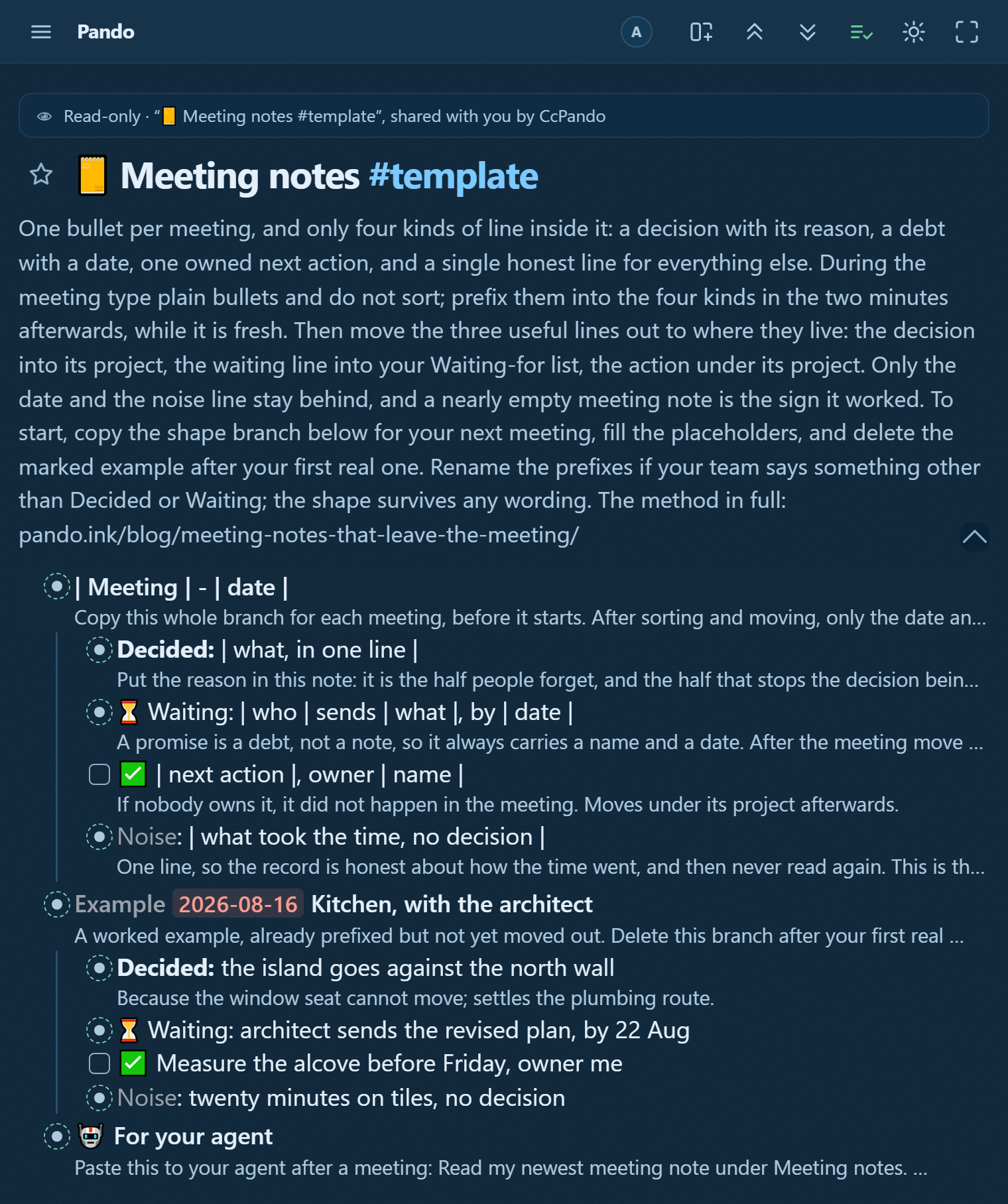 The meeting-notes template in Pando: a copyable meeting branch with the four line kinds, Decided with the reason in the note, Waiting with a date, a next action as a checkbox, and a grey Noise line