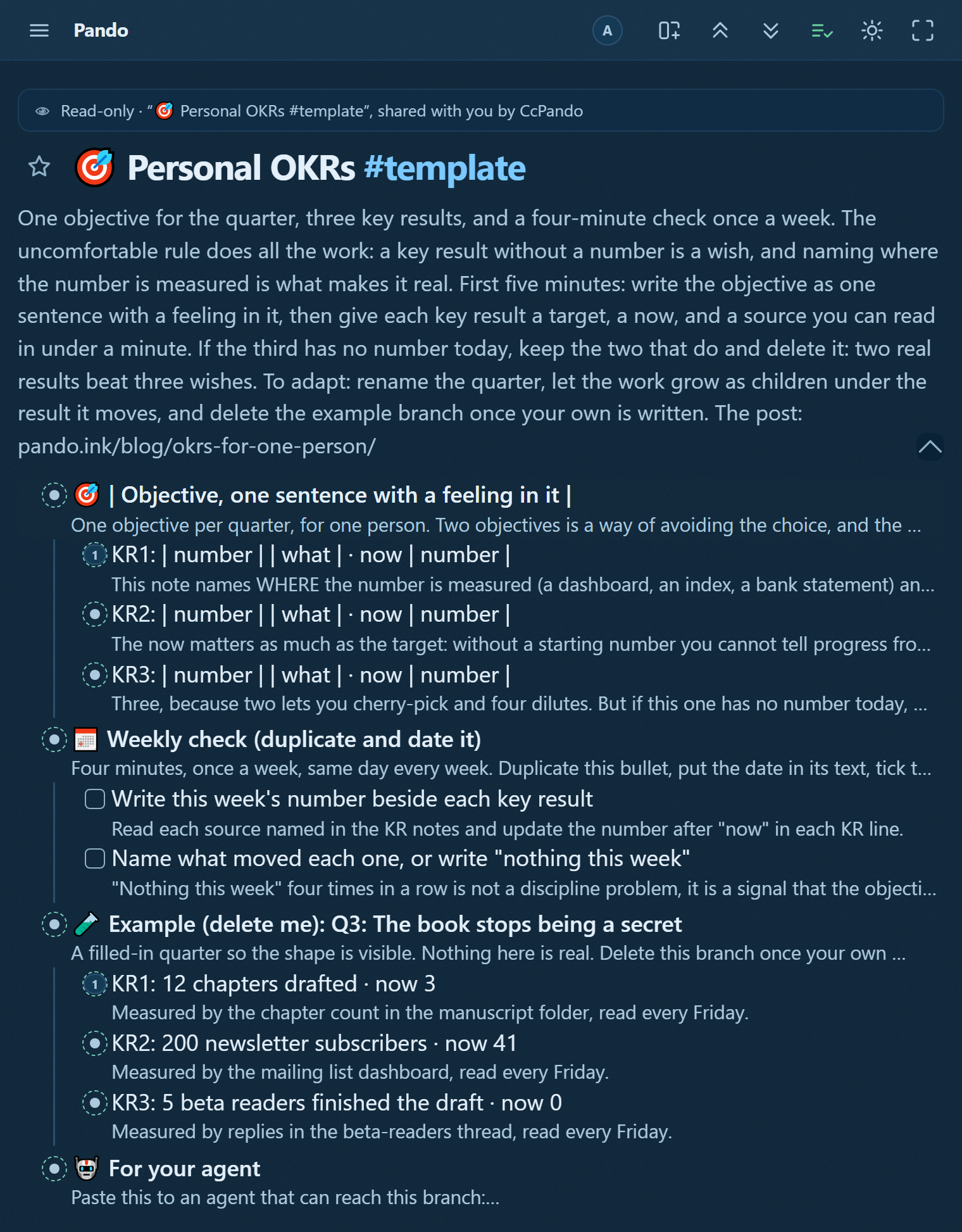 The personal-OKR template in Pando: an objective slot over three key results, each with a target, a now-number and a note naming where it is measured, plus a worked example quarter marked deletable