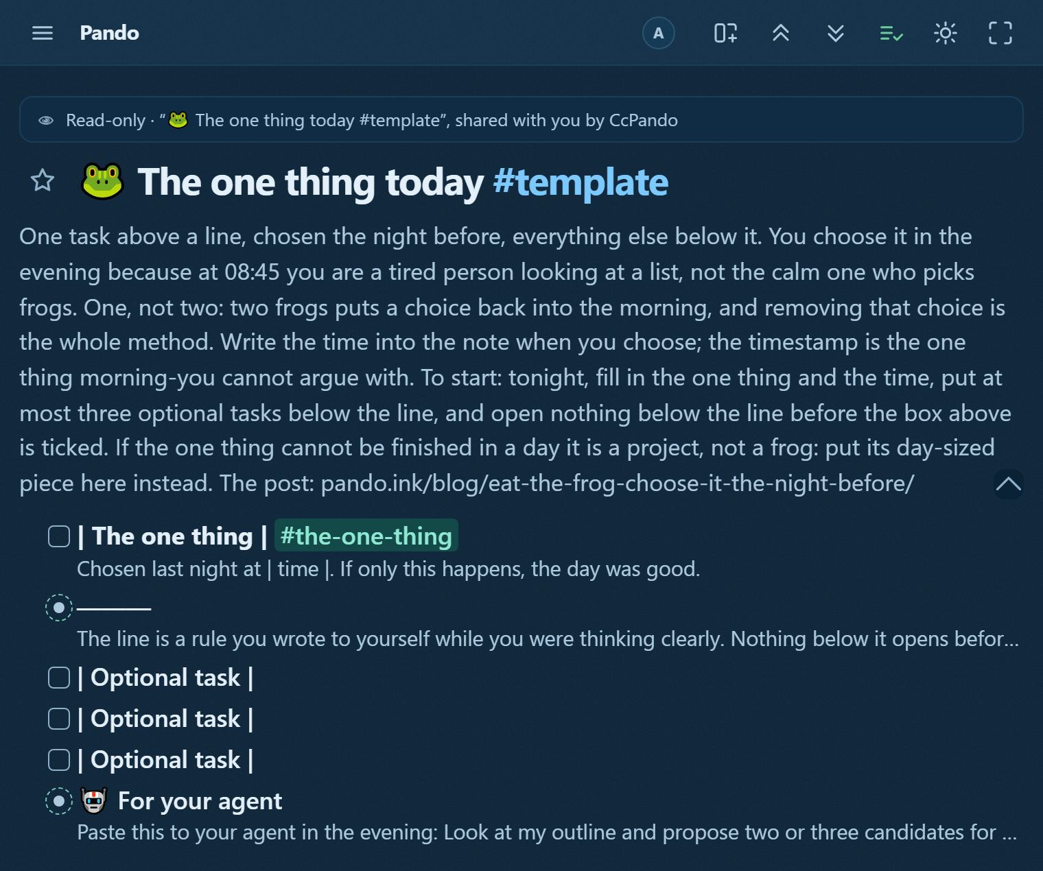 The one-thing template in Pando: a single checkbox with a placeholder slot for tomorrow's task and a note saying when it was chosen, a drawn line, and optional tasks below it