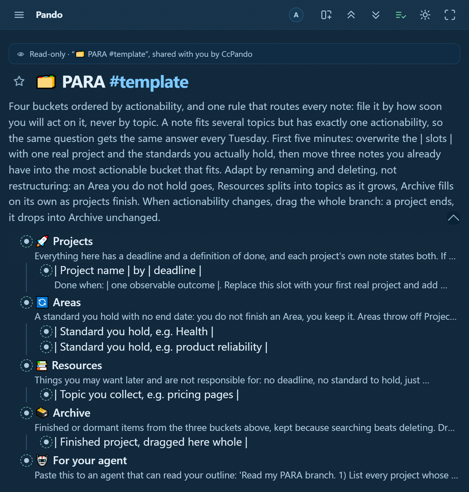 The PARA template in Pando: Projects with deadline slots, Areas as standards to hold, Resources, Archive, and a monthly agent prompt, with the routing rule in the root note