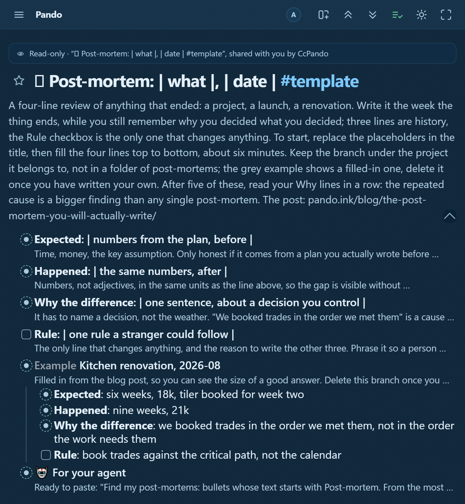 The post-mortem template in Pando: Expected, Happened, Why the difference, and the Rule as the only checkbox, with a filled kitchen-renovation example marked deletable