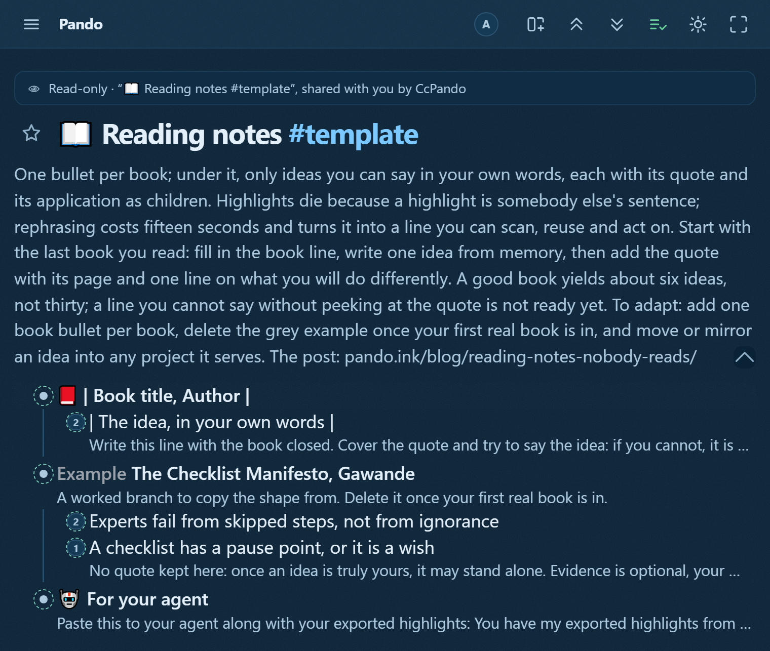 The reading-notes template in Pando: the idea in your own words as the parent line, the quote and the application as its children, with a worked Gawande example marked deletable