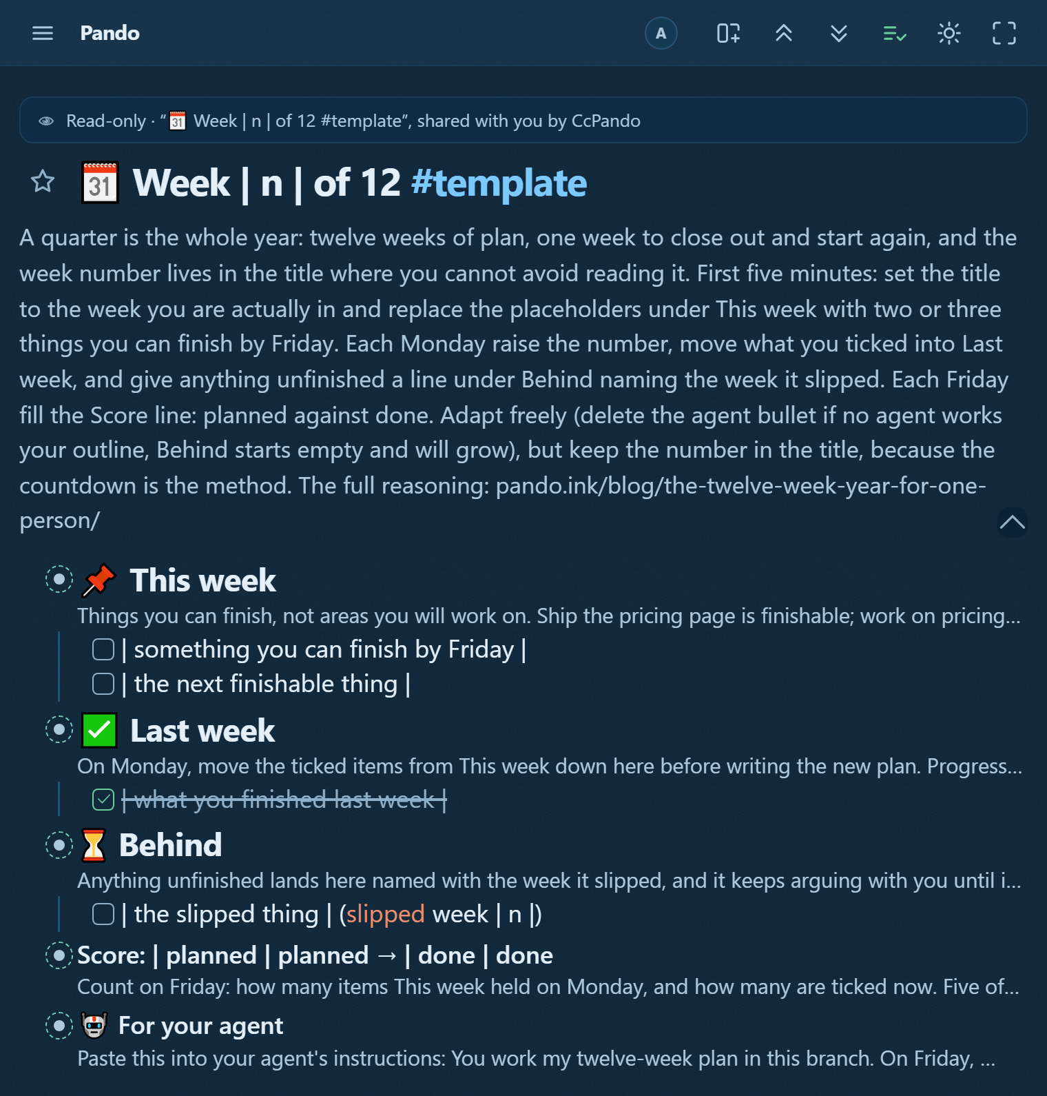 The twelve-week template in Pando: the week number in the title, This week as finishable checkboxes, Last week ticked, Behind with the week each item slipped, and a score line