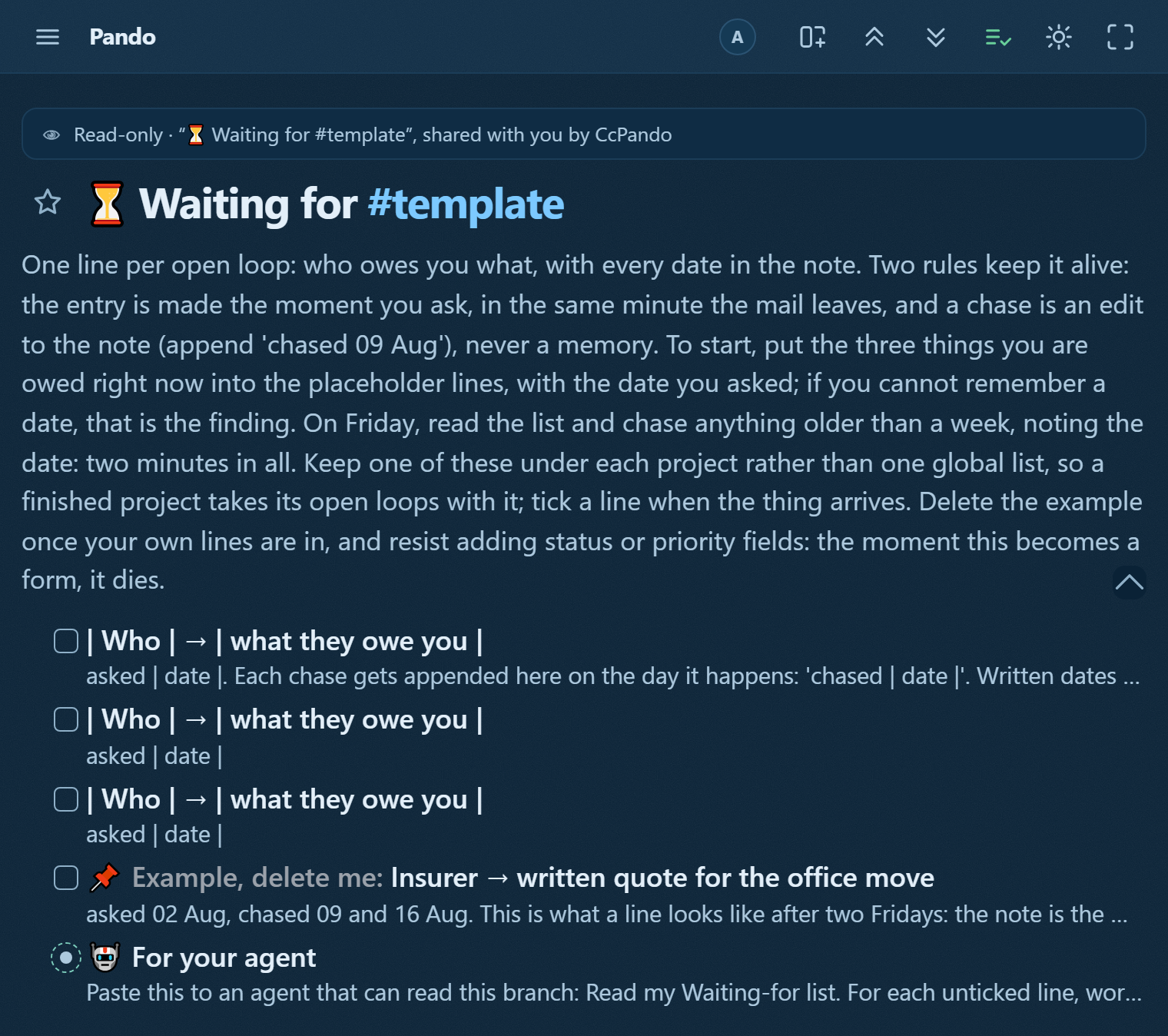 The waiting-for template in Pando: who-owes-what placeholder lines with asked-and-chased dates in the notes, a grey insurer example after two chases, and an agent prompt that reports what went quiet