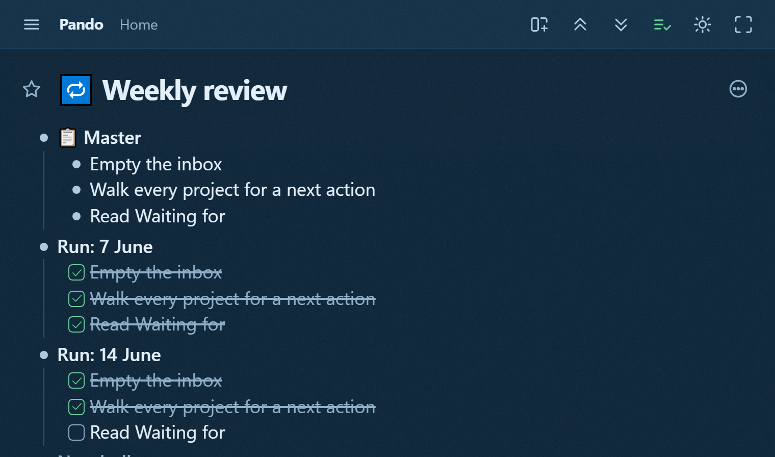 A weekly review in Pando: the master checklist above, two dated runs below, last week fully ticked, this week two of three