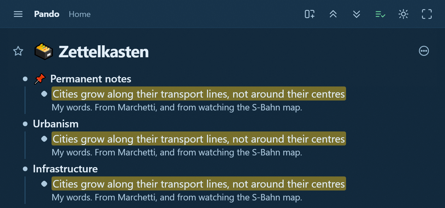 The Zettelkasten template in Pando: Fleeting captures, Permanent notes in your own words, and Topics that collect mirrors, with one example note truly standing in three places